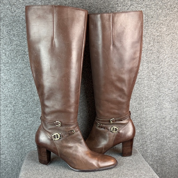 Etienne Aigner Tall Buckle Accent Brown Leather Knee-High Boots 10M - Picture 15 of 15